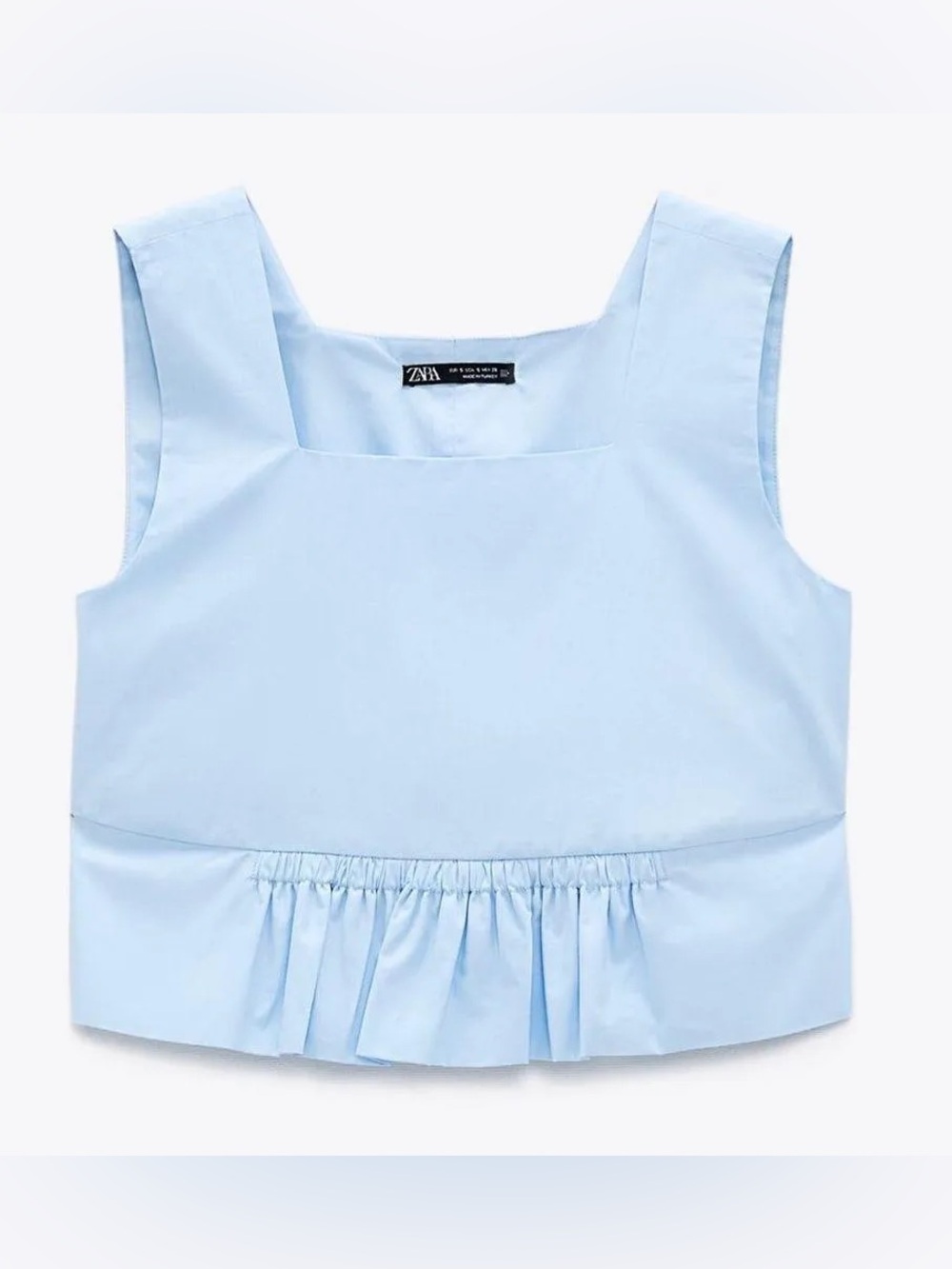 NWT Zara Pale Blue Square-Neck Ruffle Hem Peplum Crop Top 100% Cotton